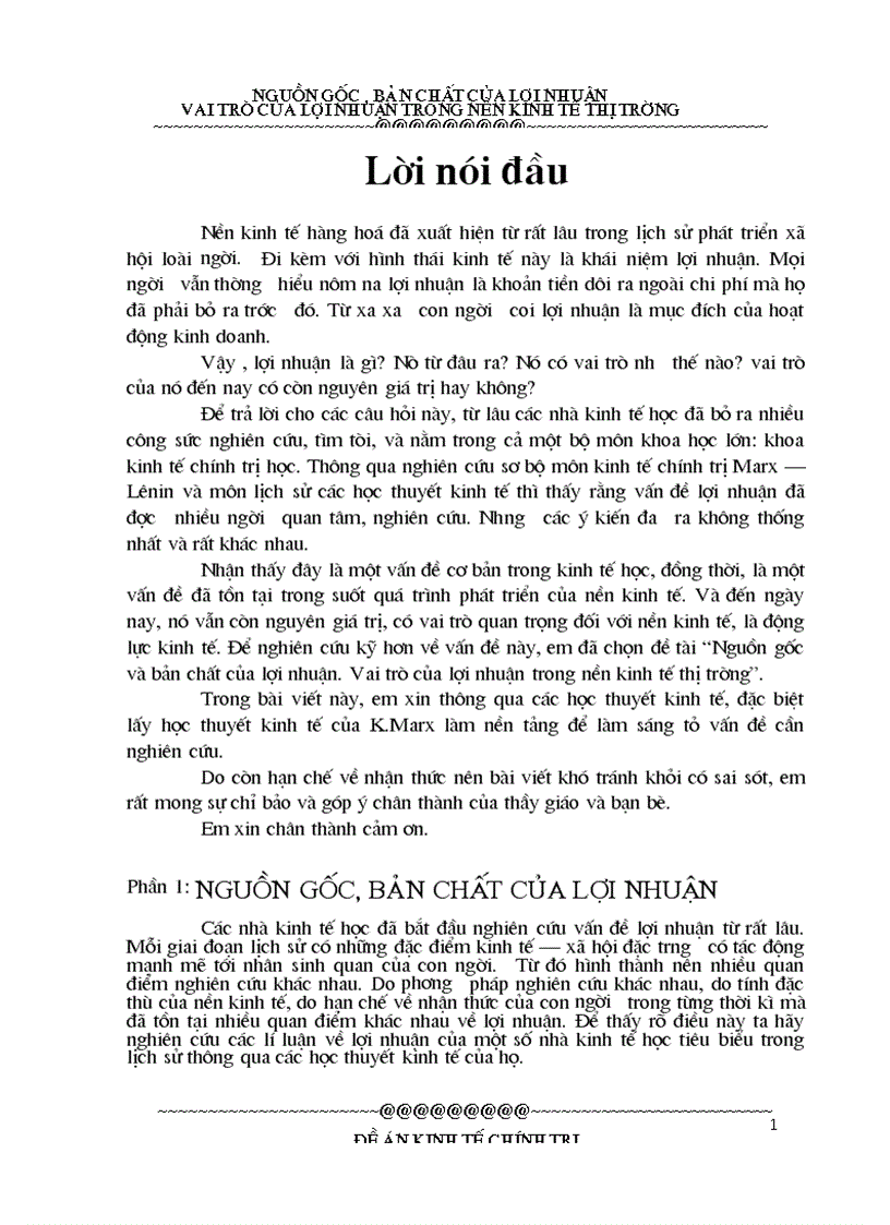 Nguồn gốc bản chất của lợi nhuận Vai trò của lợi nhuận trong nền kinh tế thị trường 1