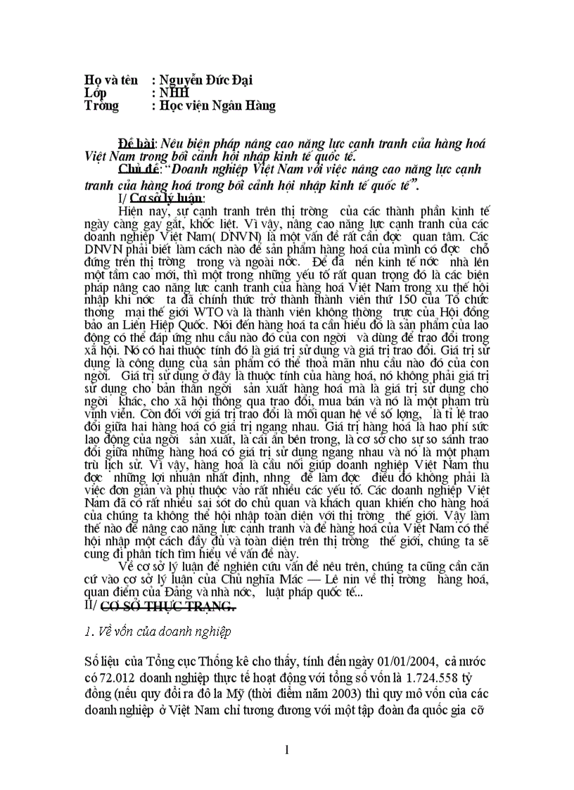 Doanh nghiệp Việt Nam với việc nâng cao năng lực cạnh tranh của hàng hoá trong bối cảnh hội nhập kinh tế quốc tế