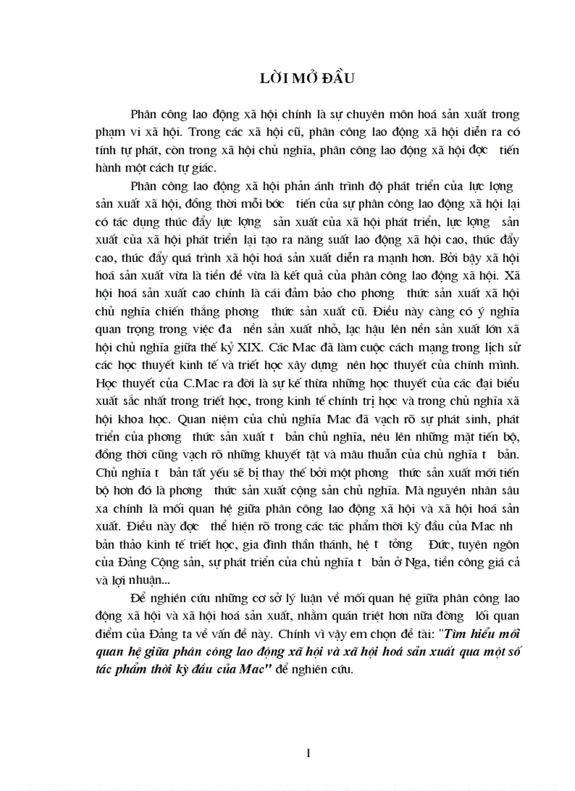 Tìm hiểu mối quan hệ giữa phân công lao động x hội và x hội hoá sản xuất qua một số tác phẩm thời kỳ đầu của Mac