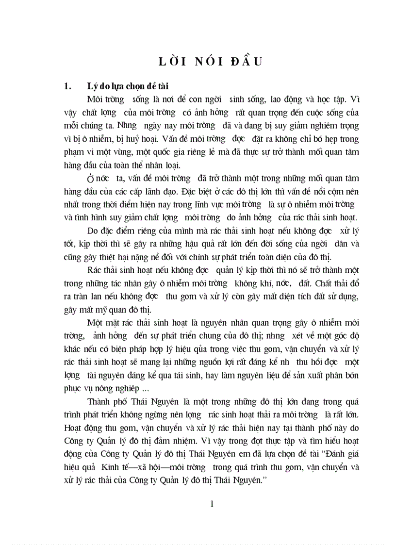 Đánh giá hiệu quả Kinh tế xã hội môi trường trong quá trình thu gom vận chuyển và xử lý rác thải của Công ty Quản lý đô thị Thái Nguyên