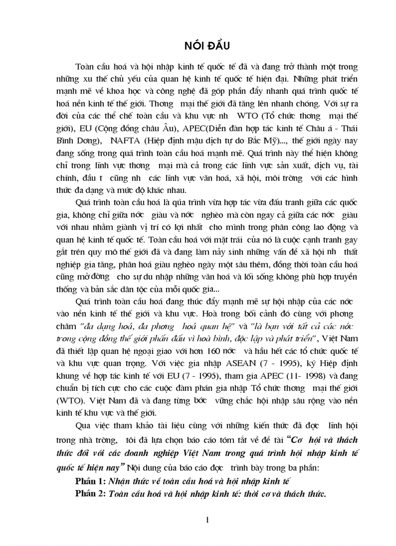 Cơ hội và thách thức đối với các doanh nghiệp Việt Nam trong quá trình hội nhập kinh tế quốc tế hiện na