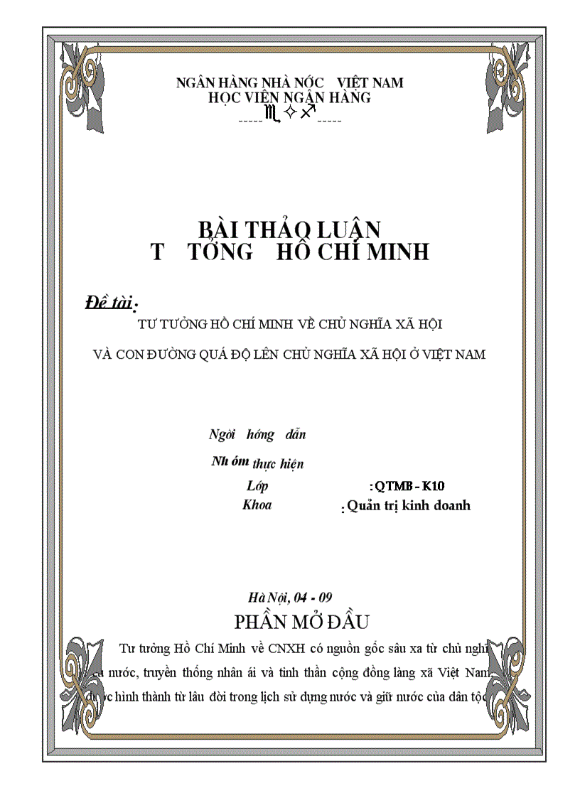 Tư tưởng của Hồ Chí Minh về chủ nghĩa xã hội và con đường quá độ lên chủ nghĩa x ã hội ở Việt Nam