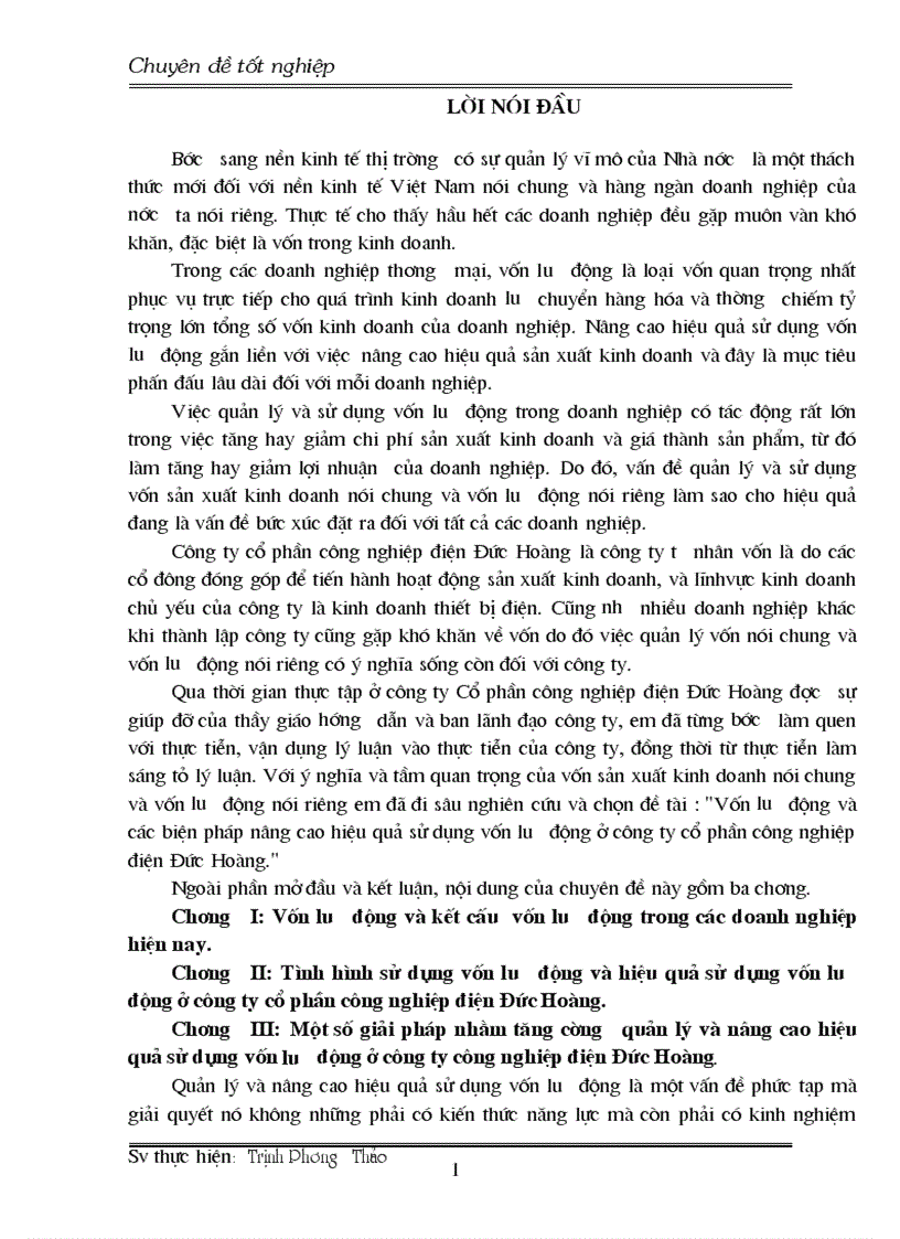 Vốn lưu động và các biện pháp nâng cao hiệu quả sử dụng vốn lưu động ở công ty cổ phần công nghiệp điện Đức Hoàng