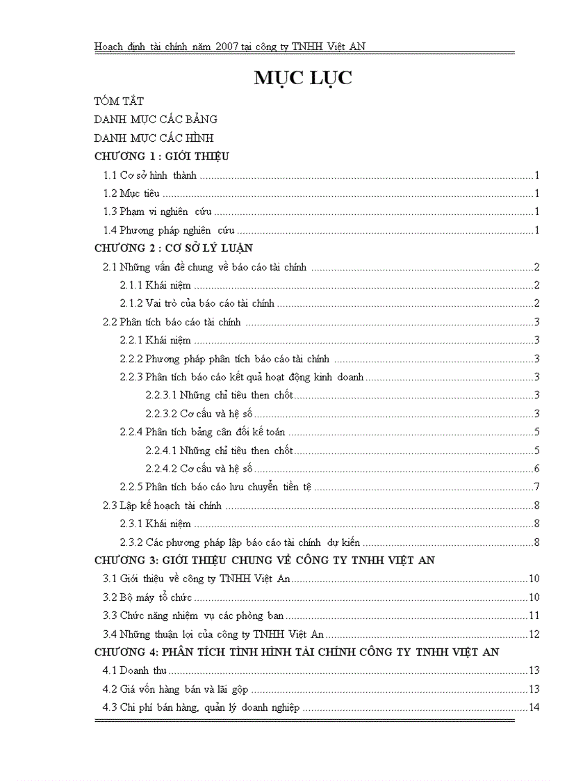 HOẠCH ĐỊNH TÀI CHÍNH NĂM 2007 tại CÔNG TY TNHH VIỆT AN