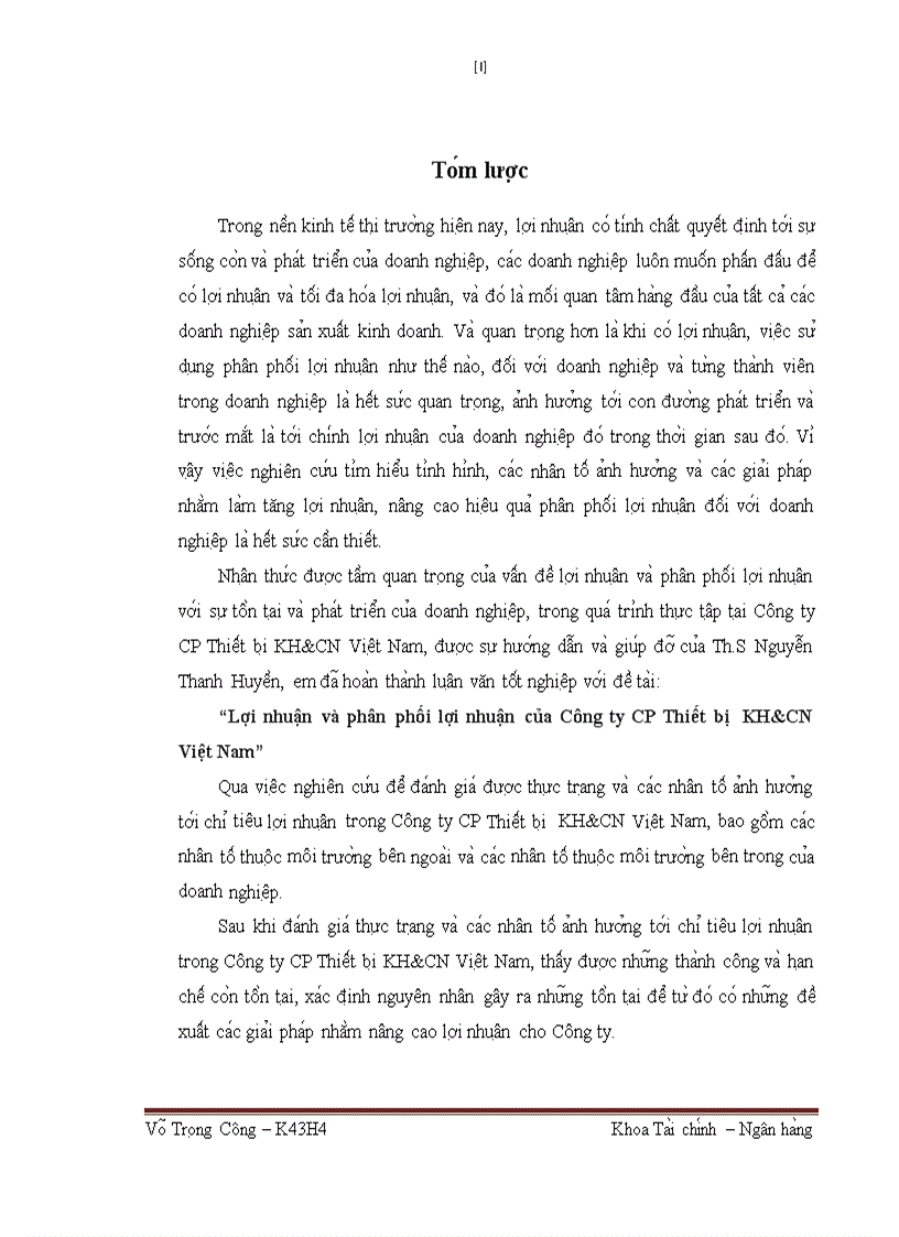 Lợi nhuận và phân phối lợi nhuận của Công ty CP Thiết bị KH CN Việt Nam 1