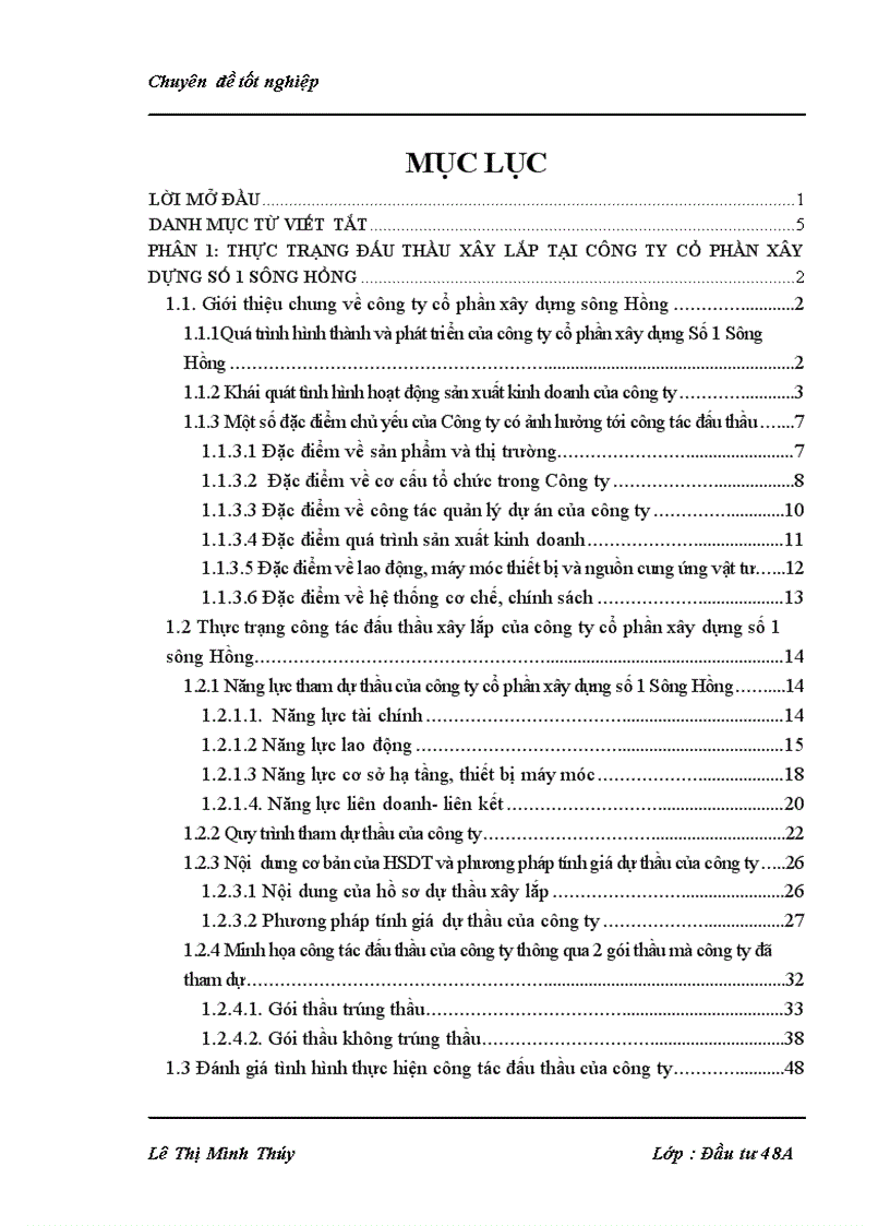 Một số giải pháp nhằm nâng cao khả năng thắng thầu trong đấu thầu xây lắp tại công ty cổ phần xây dựng Số 1 Sông Hồng