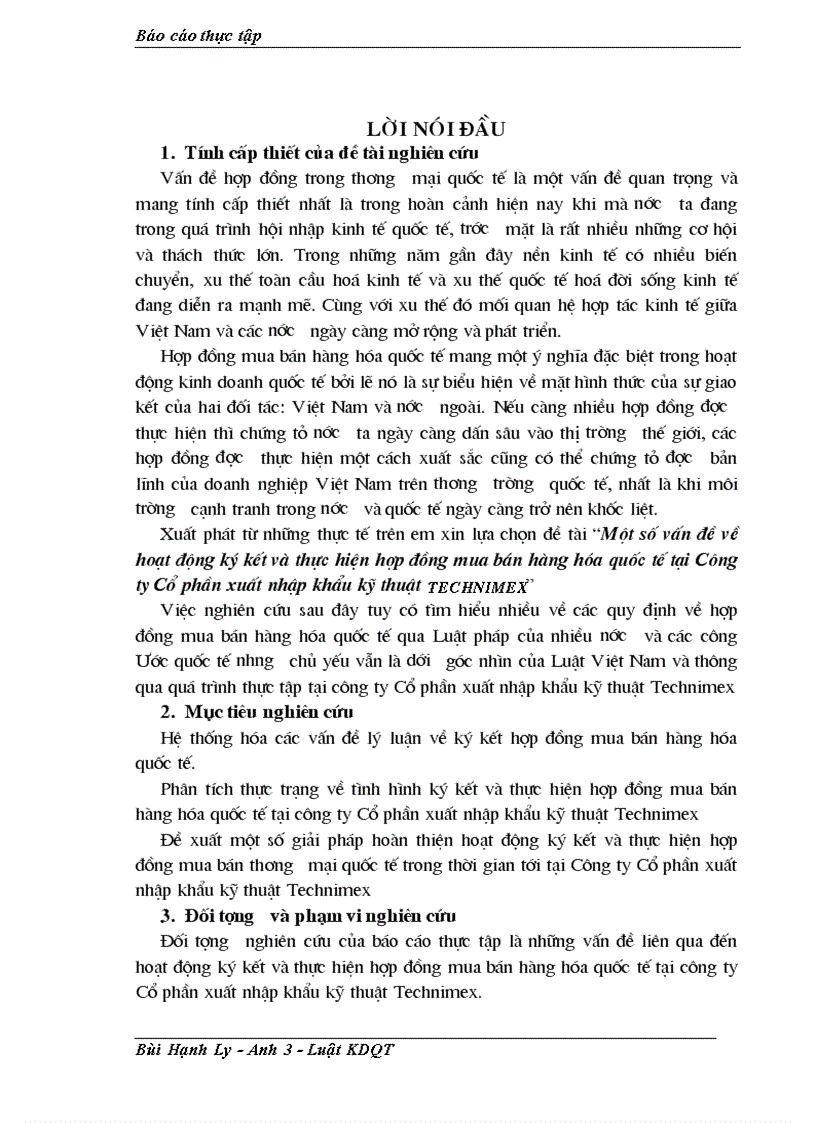 Một số vấn đề về hoạt động ký kết và thực hiện hợp đồng mua bán hàng hóa quốc tế tại Công ty Cổ phần xuất nhập khẩu kỹ thuật technimex