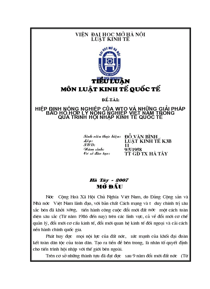 Hiệp định nông nghiệp của WTO và những giải pháp bảo hộ hợp lý nông nghiệp việt nam trong quá trình hội nhập kinh tế quốc tế