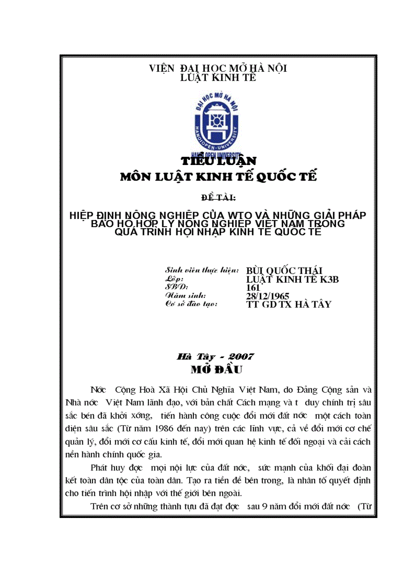 Hiệp định nông nghiệp của Wto và những giải pháp bảo hộ hợp lý nông nghiệp việt nam trong quá trình hội nhập kinh tế quốc tế 1