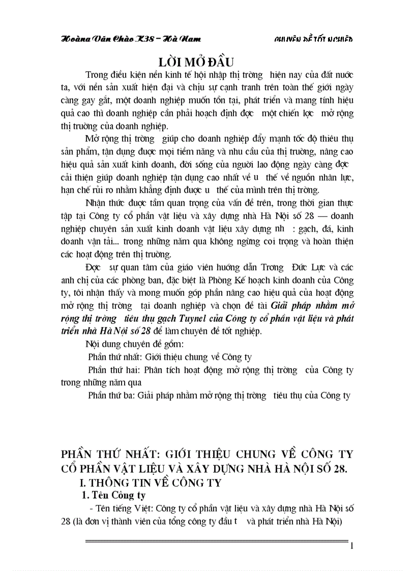 Giải pháp nhằm mở rộng thị trường tiêu thụ gạch Tuynel của Công ty cổ phần vật liệu và phát triển nhà Hà Nội