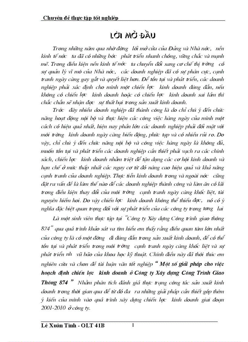 Một số giải pháp cho việc hoạch định chiến lược kinh doanh ở Công ty Xây dựng Công Trình Giao Thông 874
