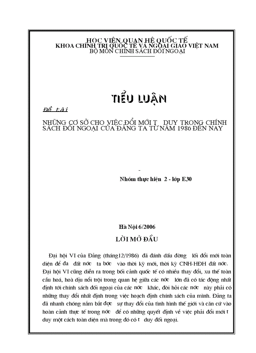 Những cơ sở cho việc đổi mới tư duy trong chính sách đối ngoại của Đảng ta từ năm 1986 đến nay 1