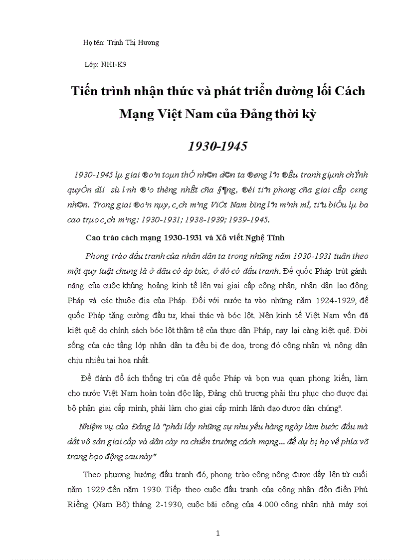 Tiến trình nhận thức và phát triển đường lối Cách Mạng Việt Nam của Đảng thời kỳ 1930 1945