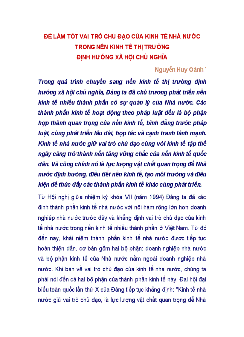 Để làm tốt vai trò chủ đạo của kinh tế nhà nước trong nền kinh tế thị trường định hướng xã hội chủ nghĩa
