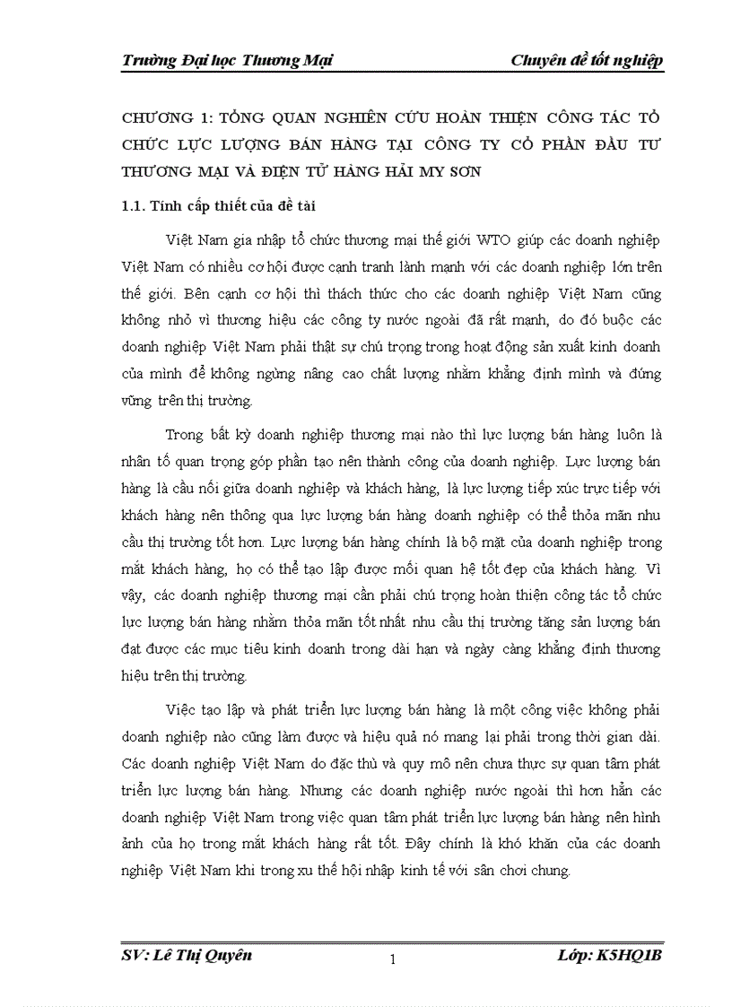 Hoàn thiện công tác tổ chức lực lượng bán hàng tại Công ty CP đầu tư thương mại và điện tử hàng hải My Sơn 1