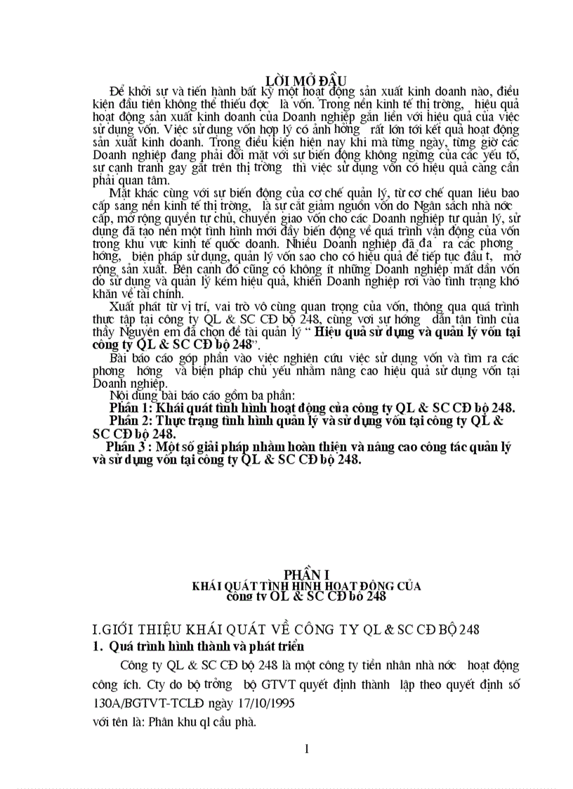 Hiệu quả sử dụng và quản lý vốn tại công ty QL SC CĐ bộ 248