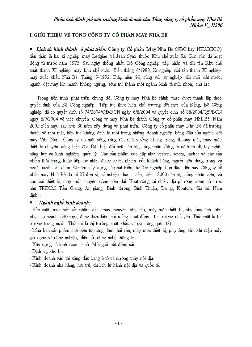 Phân tích đánh giá MÔI TRƯỜNG KINH DOANH CỦA TỔNG CÔNG TY CỔ PHẦN MAY NHÀ BÈ