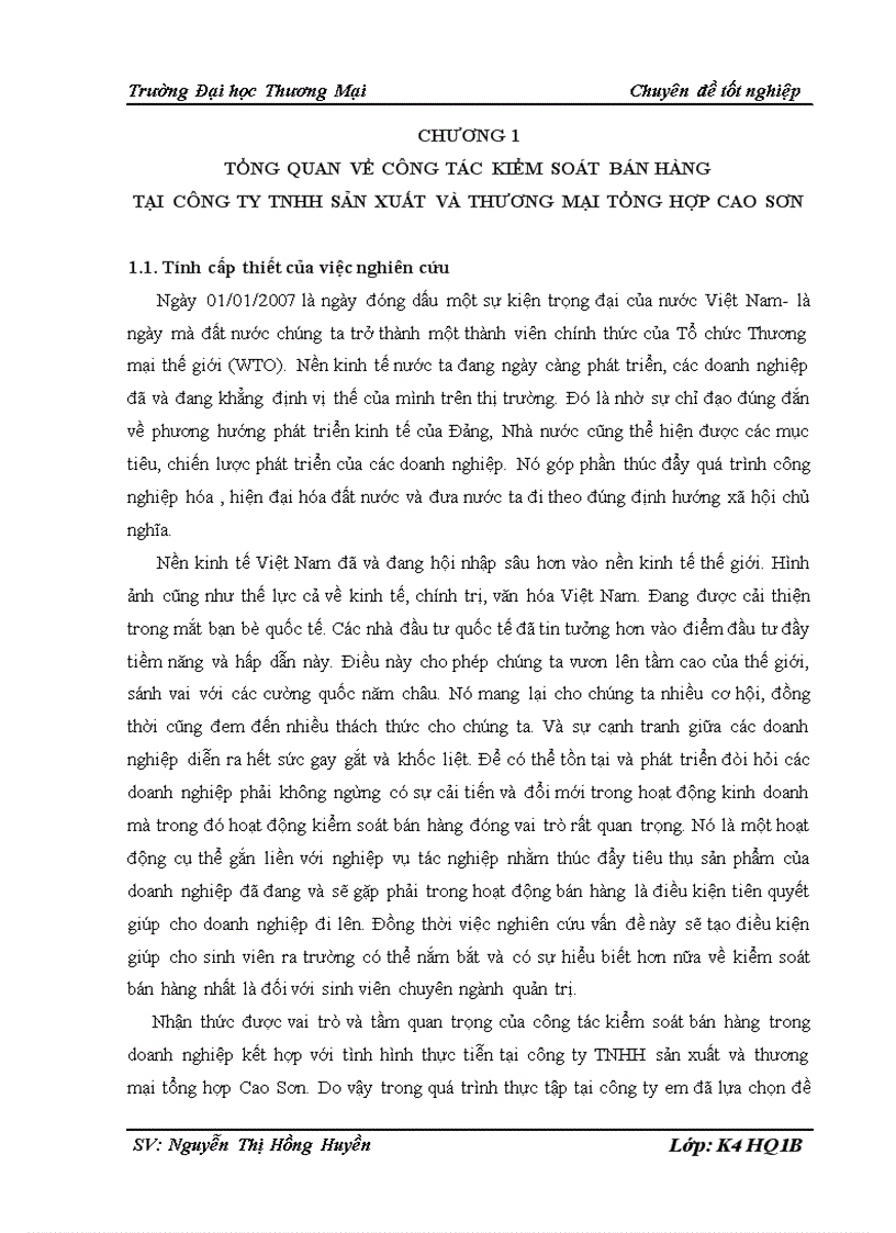 Hoàn thiện công tác kiểm soát bán hàng tại công ty TNHH sản xuất và thương mại tổng hợp Cao Sơn 1