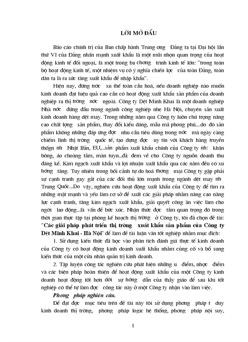 Các giải pháp phát triển thị trường xuất khẩu sản phẩm của Công ty Dệt Minh Khai Hà Nội