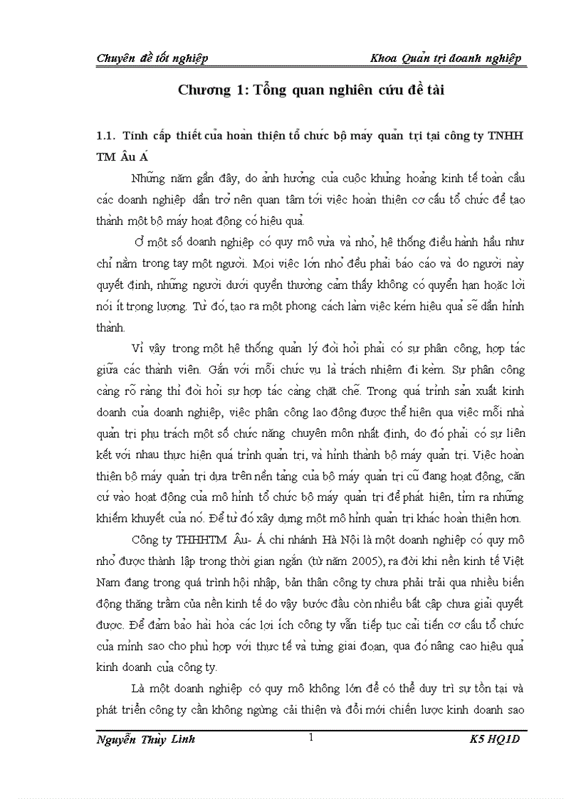 Hoàn thiện tổ chức bộ máy quản trị tại công ty TNHH Thương mại Âu Á chi nhánh Hà Nội