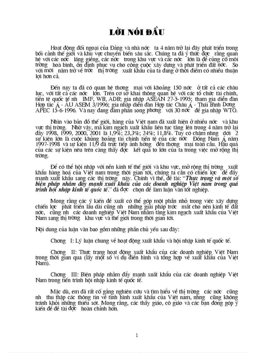 Thực trạng và một số biện pháp nhằm đẩy mạnh xuất khẩu của các doanh nghiệp Việt nam trong quá trình hội nhập kinh tế quốc tế