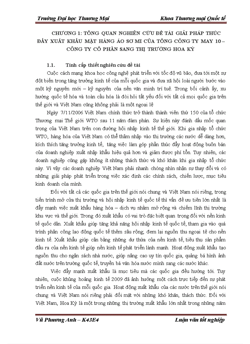 Giải pháp thúc đẩy xuất khẩu mặt hàng áo sơ mi của tổng công ty may 10 công ty cổ phần sang thị trường hoa kỳ