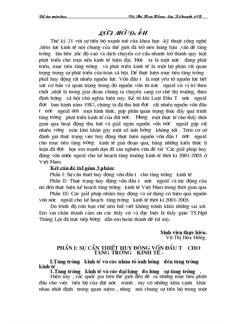 Các giải pháp huy động vốn nước ngoài cho kế hoạch tăng truởng kinh tế thời kì 2001 2005 ở Việt Nam