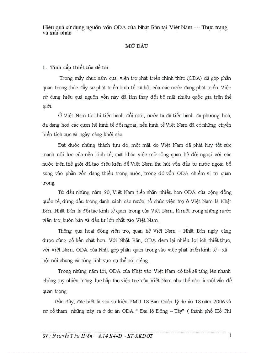 Hiệu quả sử dụng nguồn vốn ODA của Nhật bản tại VN thực trạng và giải pháp