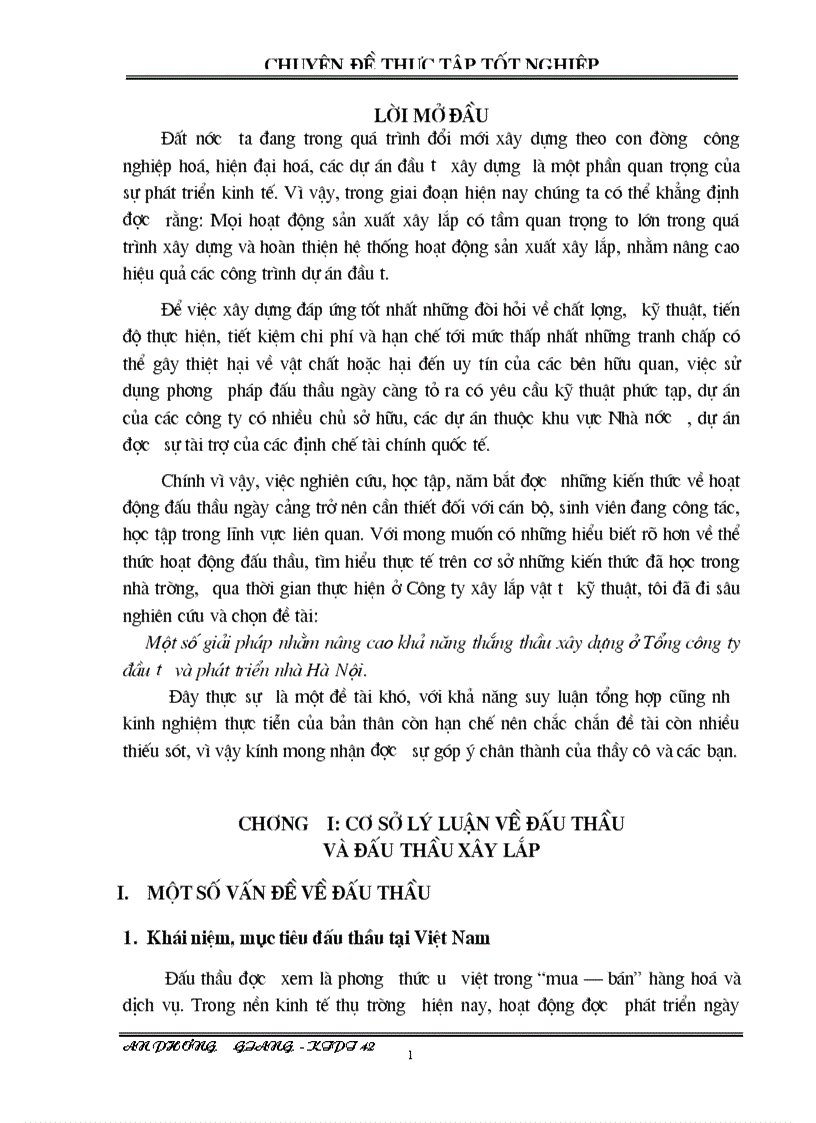 Một số giải pháp nhằm nâng cao khả năng thắng thầu xây dựng ở Tổng công ty đầu tư và phát triển nhà Hà Nội 1