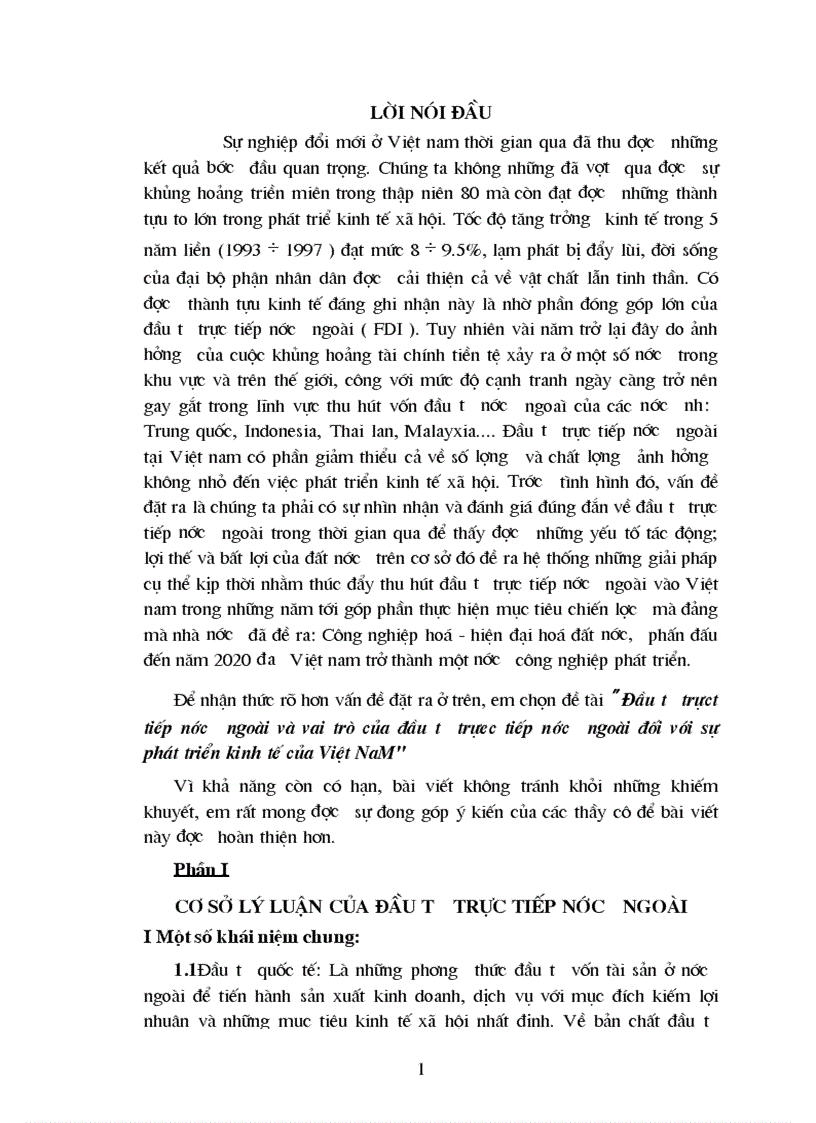 Đầu tư trực tiếp nước ngoài và vai trò của đầu tư trực tiếp nước ngoài đối với sự phát triển kinh tế của VN 1