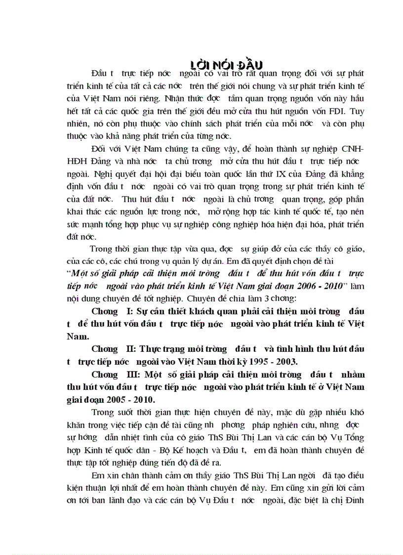 Một số giải pháp cải thiện môi trường đầu tư để thu hút vốn đầu tư trực tiếp nước ngoài vào phát triển kinh tế Việt Nam giai đoạn 2006 2010 1