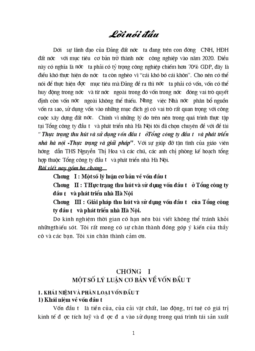 Thực trạng thu hút và sử dụng vốn đầu tư ởTổng công ty đầu tư và phát triển nhà hà nội Thực trạng và giải pháp