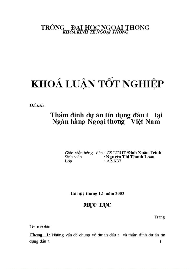 Thẩm định dự án tín dụng đầu tư tại Ngân hàng Ngoại thương Việt Nam 1