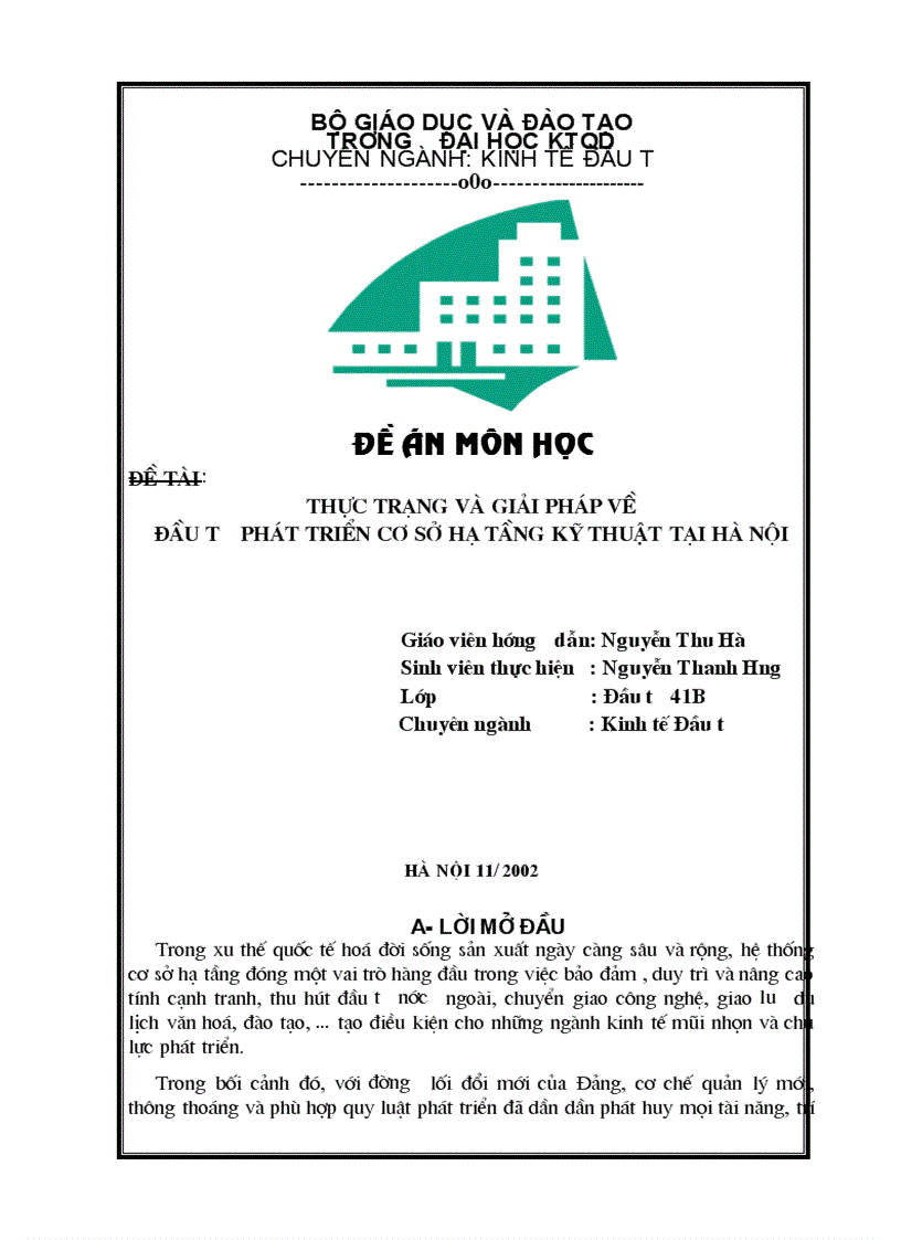 Thực trạng và giải pháp về đầu tư phát triển cơ sở hạ tầng kỹ thuật tại Hà nội 1