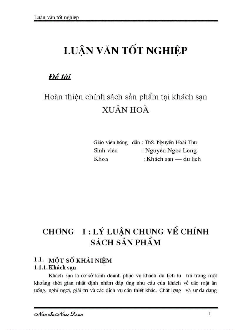 Hoàn thiện chính sách sản phẩm tại khách sạn xuân hoà 1