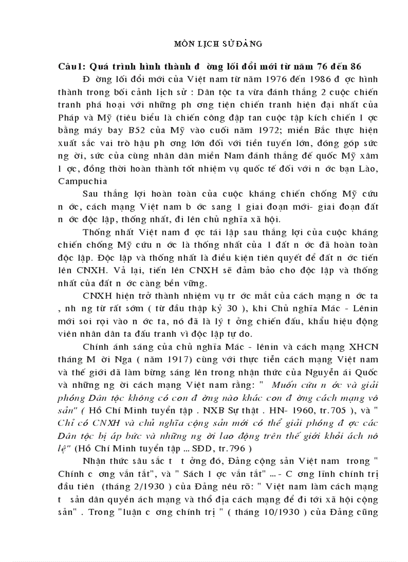 Một số câu hỏi ôn tập môn lịch sử đảng