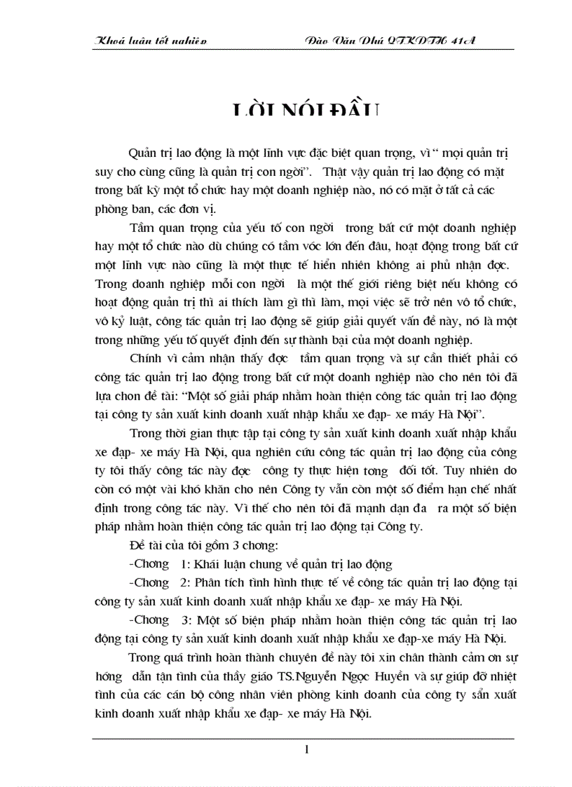 Một số giải pháp nhằm hoàn thiện công tác quản trị lao động tại công ty sản xuất kinh doanh xuất nhập khẩu xe đạp xe máy Hà Nội