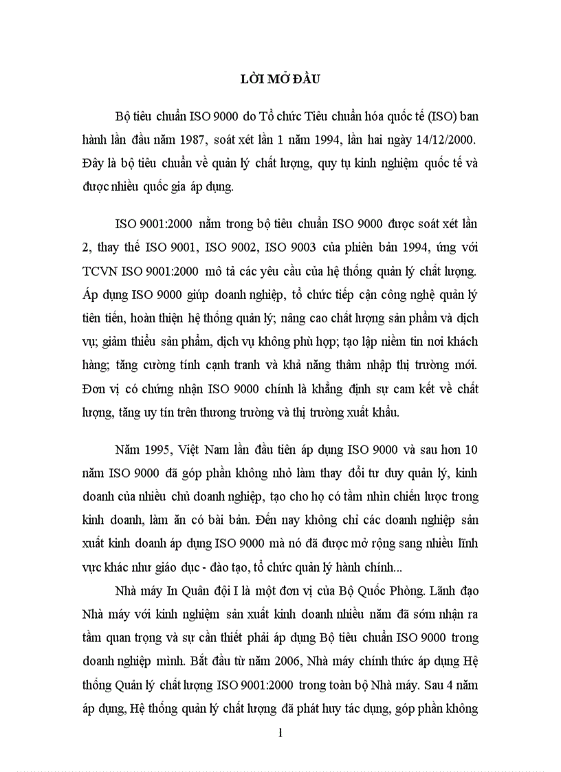 Đánh giá việc áp dụng Hệ thống quản lý chất lượng ISO 9001 2000 tại Phân xưởng Chế bản thuộc Nhà máy in Quân đội I 1