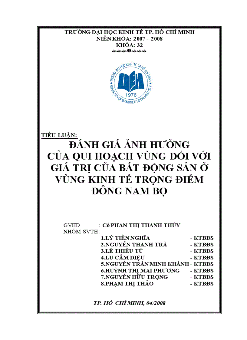 Đánh giá ảnh hưởng của qui hoạch vùng đối với giá trị của bất động sản ở vùng kinh tế trọng điểm Đông Nam Bộ