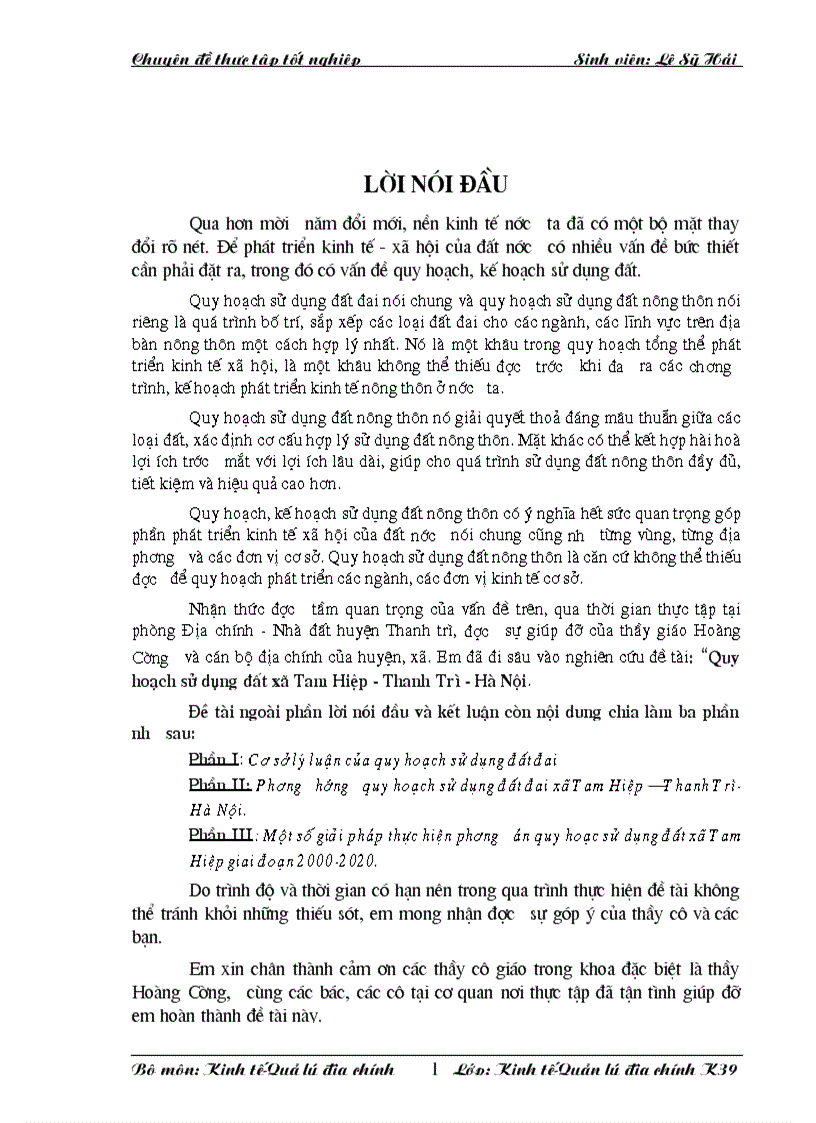 Quy hoạch sử dụng đất xã Tam Hiệp Thanh Trì Hà Nội và một số giải pháp