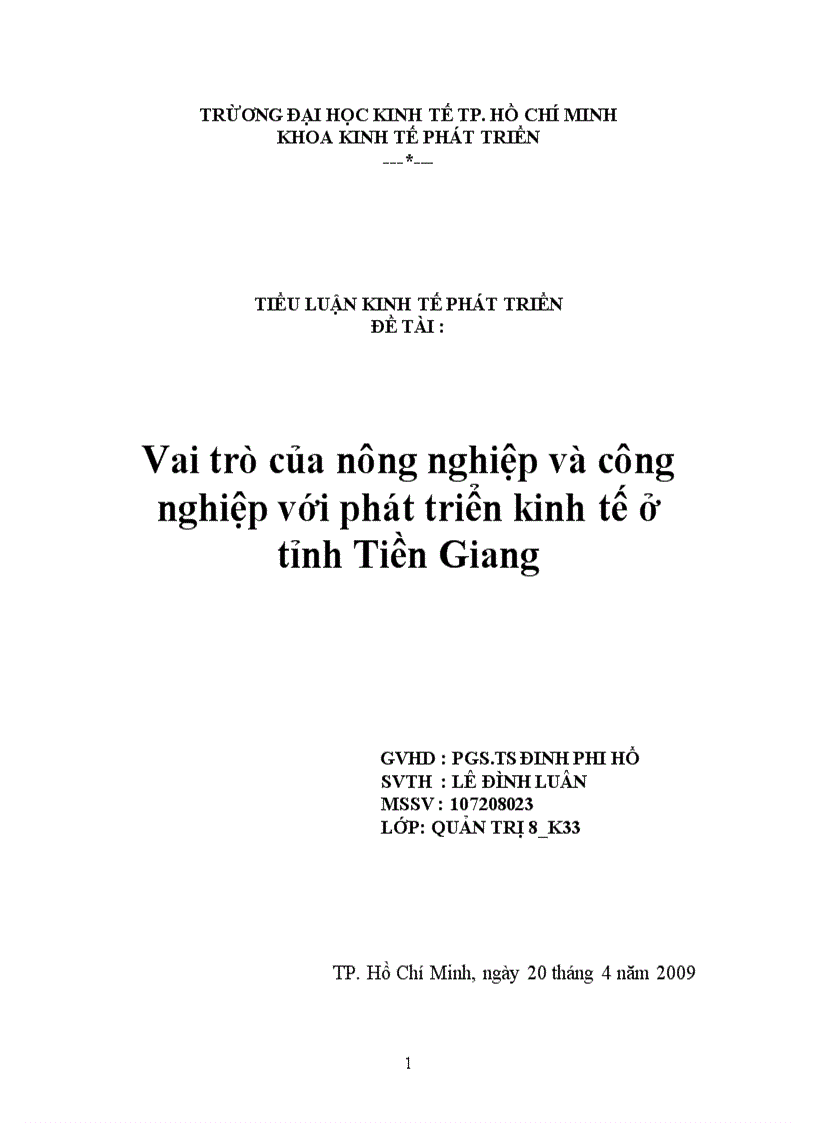 Vai trò của nông nghiệp và công nghiệp với phát triển kinh tế ở tỉnh Tiền Giang