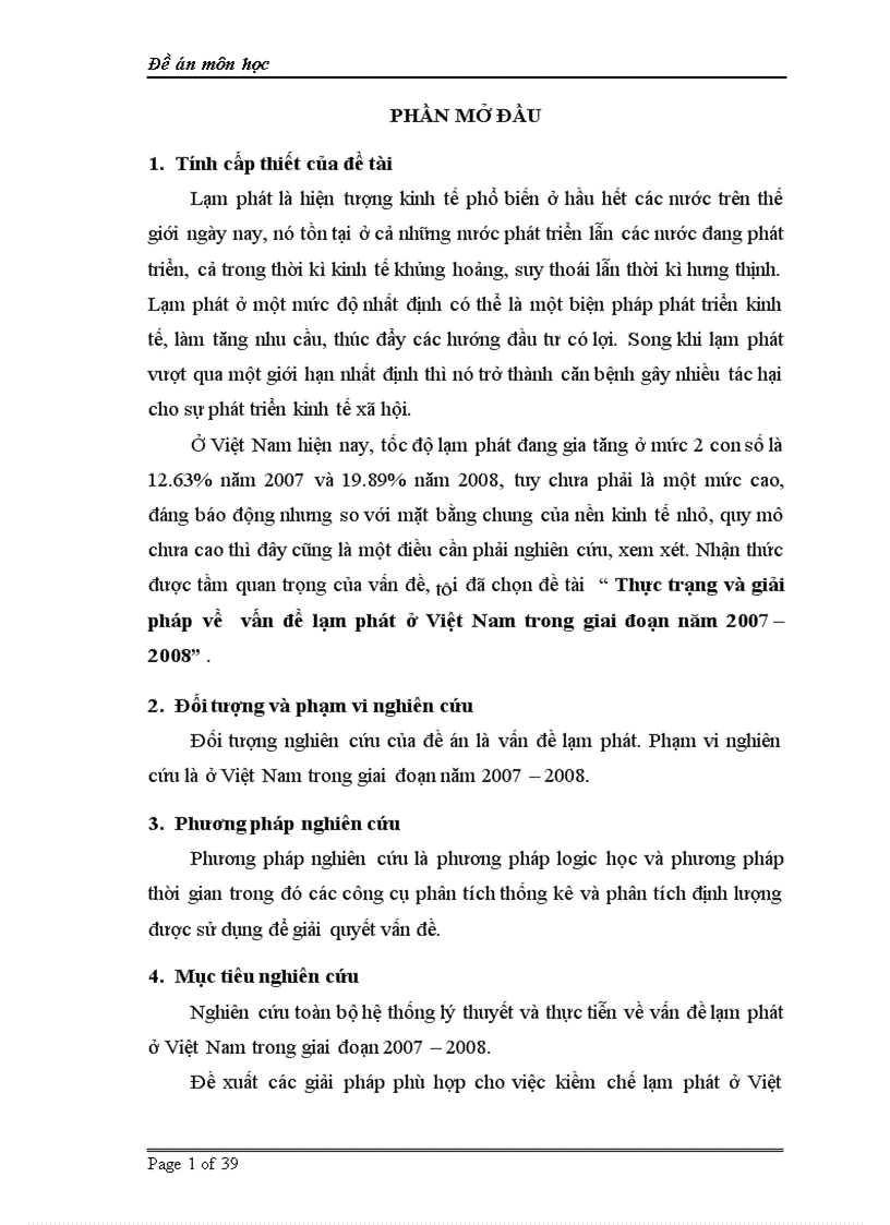 Thực trạng và giải pháp về vấn đề lạm phát ở Việt Nam trong giai đoạn năm 2007 2008