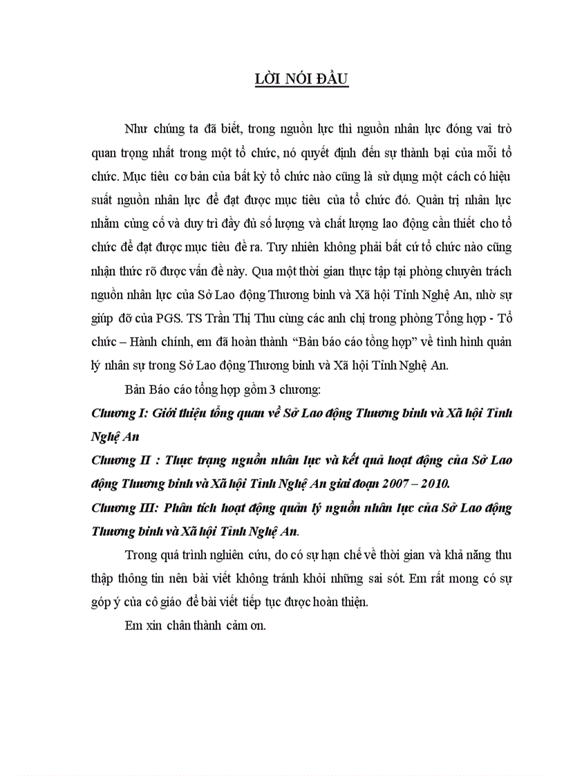 Bản báo cáo tồng hợp về tình hình quản lý nhân sự trong Sở Lao động Thương binh và Xã hội Tỉnh Nghệ An 1