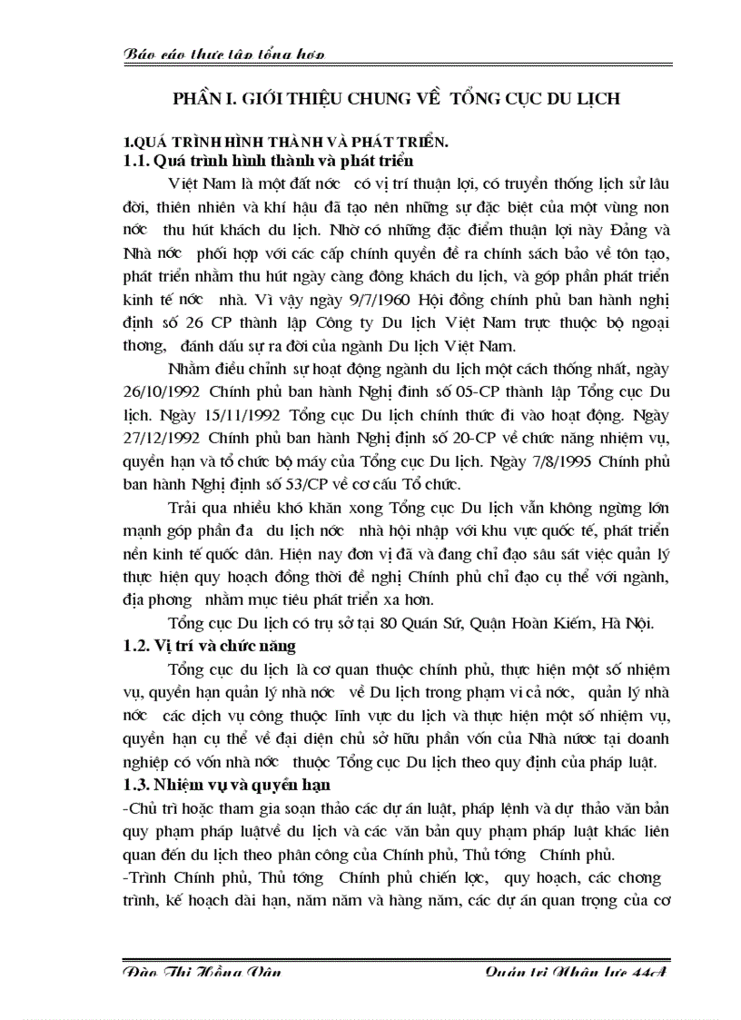 Báo cáo tổng hợp về Tổng cục Du lịch