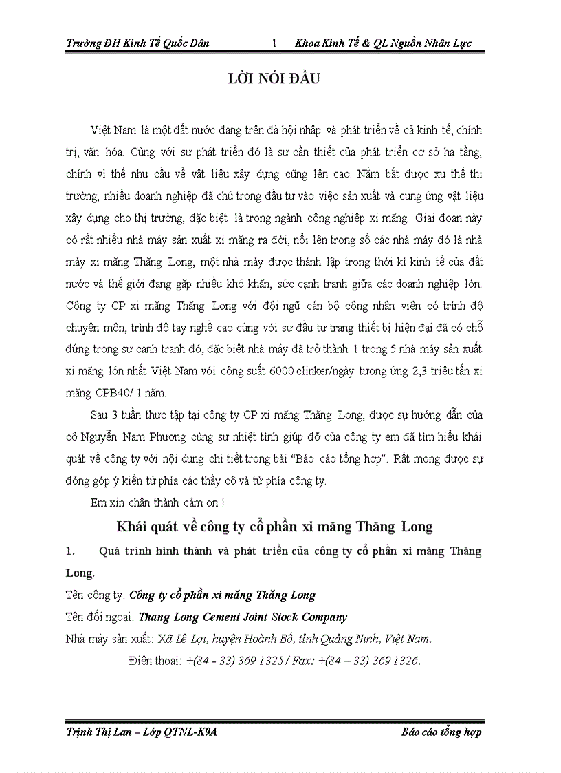 Báo cáo thực tập tại công ty CP xi măng Thăng Long