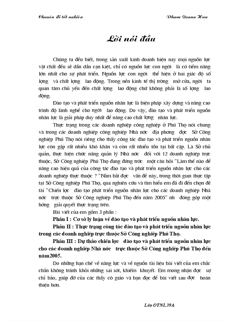 Thực trạng công tác đào tạo và phát triển nguồn nhân lực trong các doanh nghiệp trực thuộc Sở Công nghiệp Phú Thọ