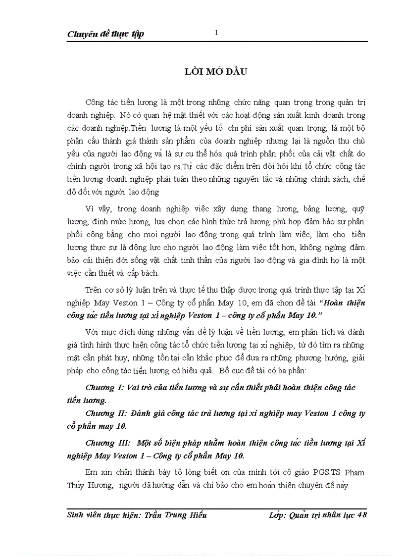 Hoàn thiện công tác tiền lương tại xí nghiệp Veston 1 công ty cổ phần May 10