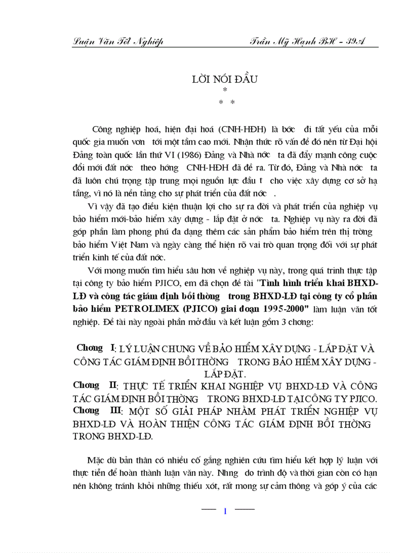 Tình hình triển khai BHXD LĐ và công tác giám định bồi thường trong BHXD LĐ tại công ty cổ phần bảo hiểm PETROLIMEX PJICO giai đoạn 1995 2000