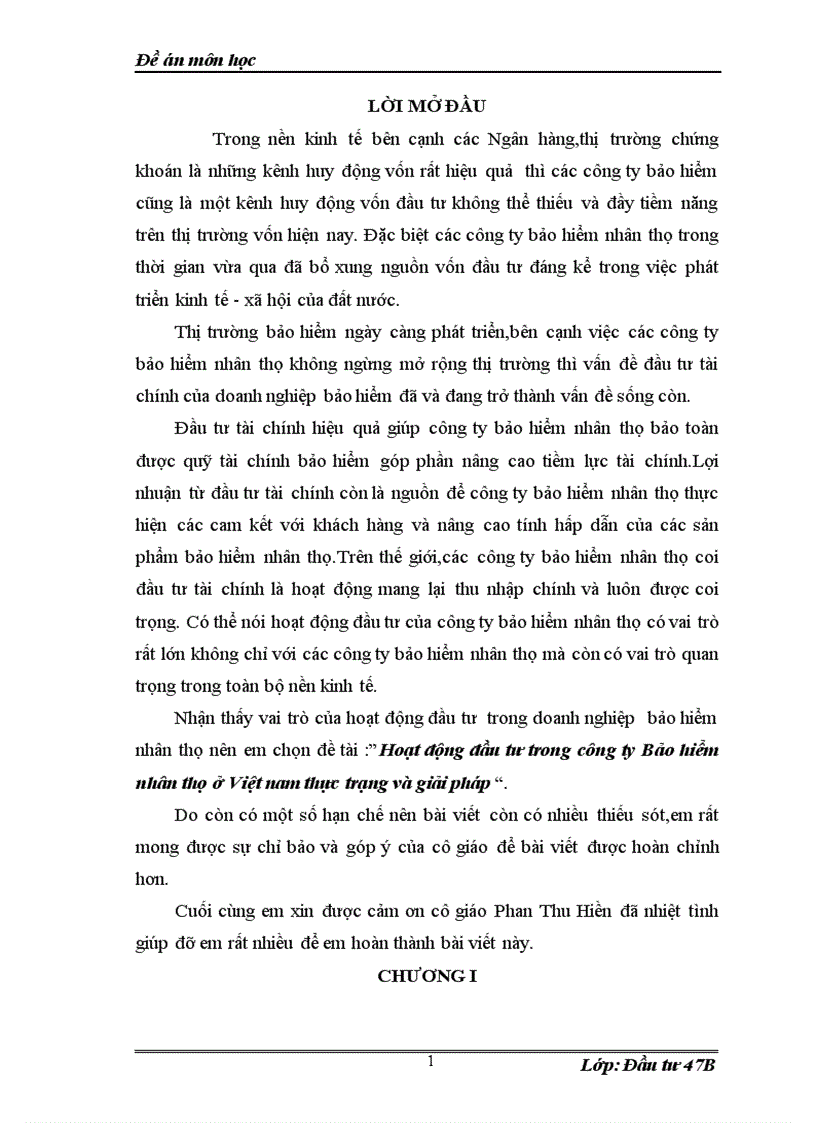 Hoạt động đầu tư trong công ty Bảo hiểm nhân thọ ở Việt nam thực trạng và giải pháp 1