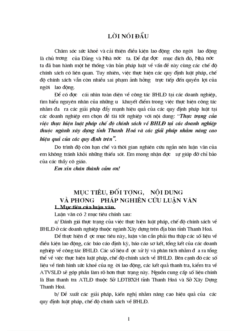 Thực trạng của việc thực hiện luật pháp chế độ chính sách về BHLĐ tại các doanh nghiệp thuộc ngành xây dựng tỉnh Thanh Hoá và các giải pháp nhằm nâng cao hiệu quả của các quy định trên